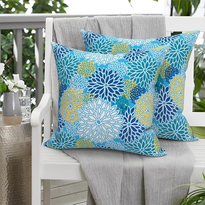 Outdoor Pack of 2 Patio Throw Pillow Covers ONLY 20x20 Inch, Water Repellent Cushion Cases, Square Pillowcases for Couch Decoration, Dahlia Blue