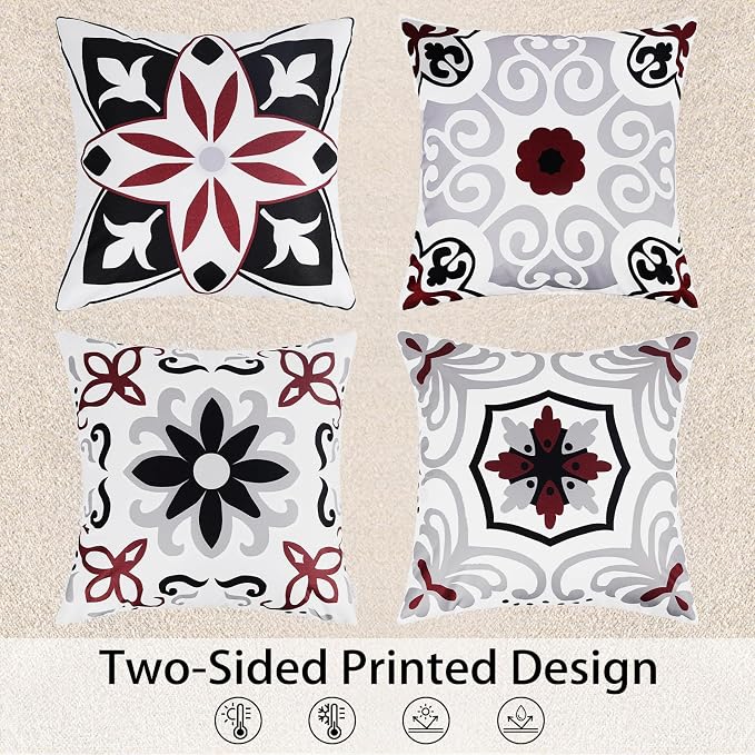 Pyonic Black Tan White Gray Outdoor Pillows Waterproof Throw Pillow Covers Set of 4 Floral Printed and Boho Farmhouse Outdoor Pillow Covers for Patio Funiture Garden 18x18 Inch