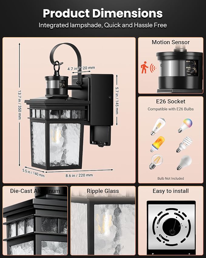 Gleamz Adjustable Time & Distance Outdoor Light with GFCI Outlet, 2 Pack Motion Sensor Outdoor Light Fixture, Black Dusk to Dawn Outdoor Lights for House, Patio, Garage, Waterproof, Aluminum