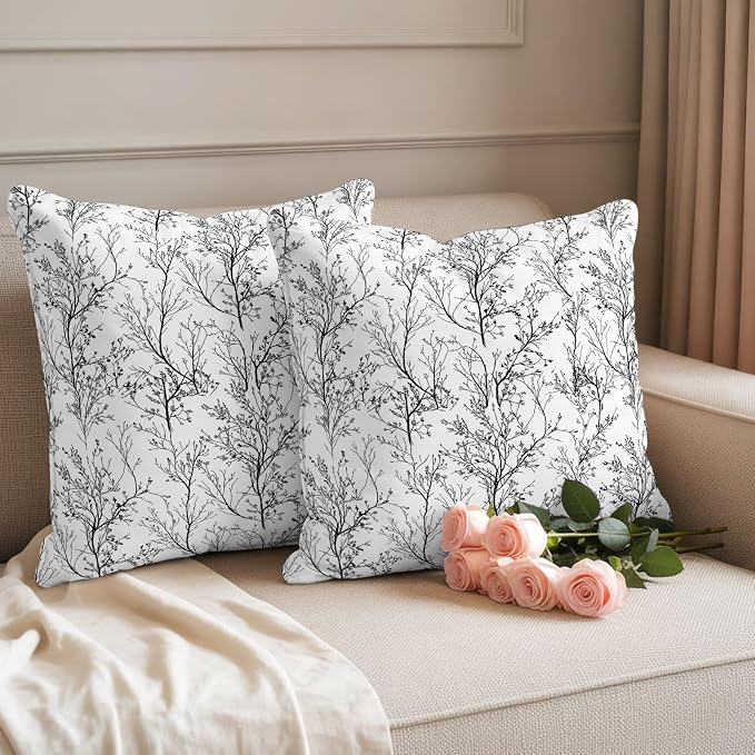 Black White Branches Waterproof Outdoor Pillow Covers Set of 2 Home Decor, Abstract Art Leaves Plant Pillowcase Patio Pillow Covers for Couch Bench Patio Furniture Garden 26x26in