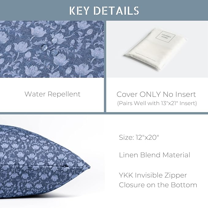 California Casual Coastal Indoor Outdoor Lumbar Pillow Cover, 12"x20" Water Repellent for Patio, Backyard, Couch, Poolside, Azure Blue Print Botanical Flowers and Leaves