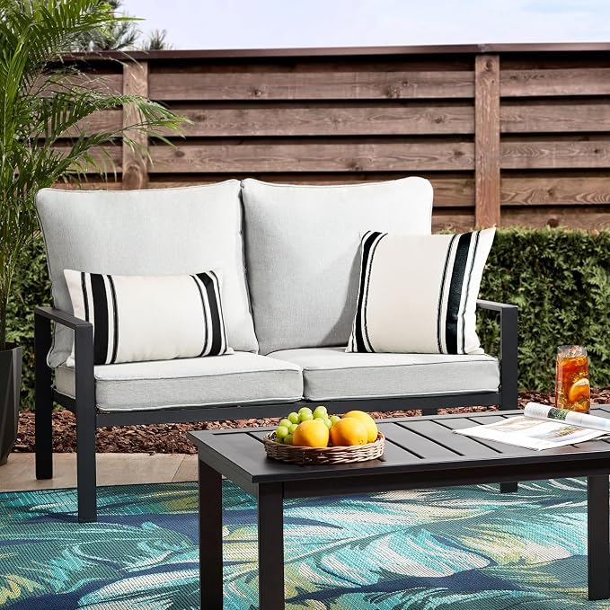 OTOSTAR Pack of 2 Outdoor Waterproof Decorative Pillow Covers 12x20 Inch Linen Geometry Pillowcases Cushion Case Garden Throw Pillow Covers Pillows Shell for Patio Furniture Couch Tent Balcony (Black)