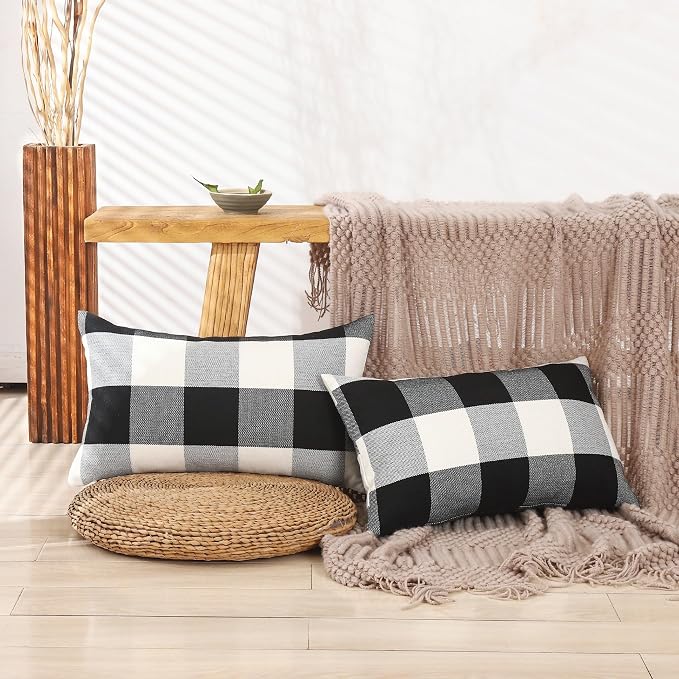 CARRIE HOME Black and White Lumbar Plaid Pillow Covers 12x20 Set of 2 Black Buffalo Check Pillow Covers 12 x 20 Outdoor Farmhouse Lumbar Throw Pillows for Couch, Sofa and Patio