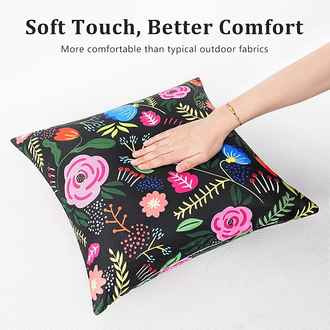 Pyonic Waterproof Outdoor Pillow Covers 18x18 Set of 2, Colorful Floral Decorative Cushion Covers for Patio Furniture, Garden, Balcony,Sunbrella， Boho Nordic Outdoor Indoor Home Decor,Black