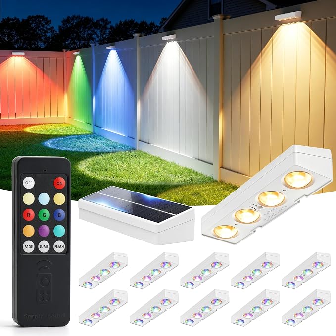 JOFIOS Fence Lights Solar Powered with Remote, 9 Fixed Colors ＆ Color Changing White Fence Lights Waterproof IP65 Dusk-to-Dawn LED Deck Lighting for Patio, Pool, Porch, Backyard, Wall, 12 Pack