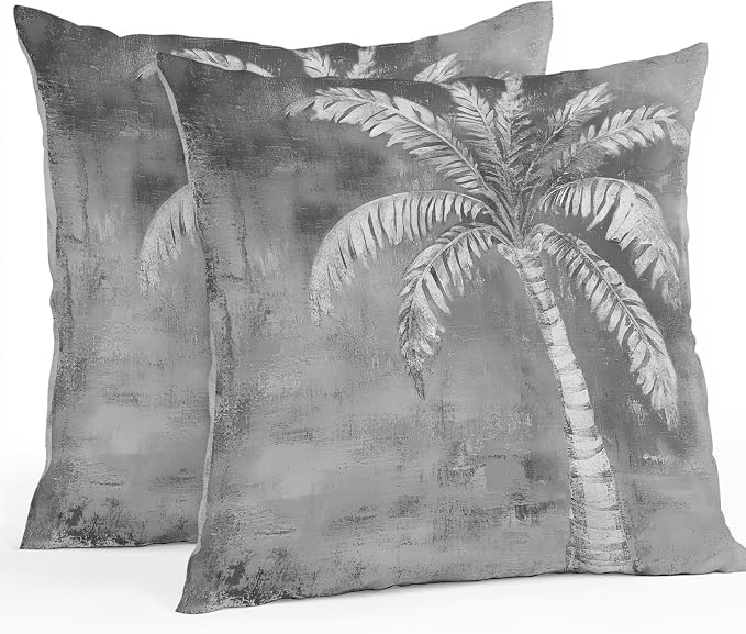 Coastal Beach Tree Grey Outdoor Waterproof Pillow Covers, Vintage Summer Palm Tree Decorative Square Throw Pillowcase, Tropical Botanical Sofa Cushion Sham for Patio/Couch/Chair, 20"x20" 2 Pack