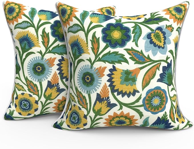 Outdoor Throw Pillows Inners, Fade Resistant Patio Furniture Square Pillows with Piping Set of 2 for Patio Furniture, 18x18 Inch, Fiesta Floral