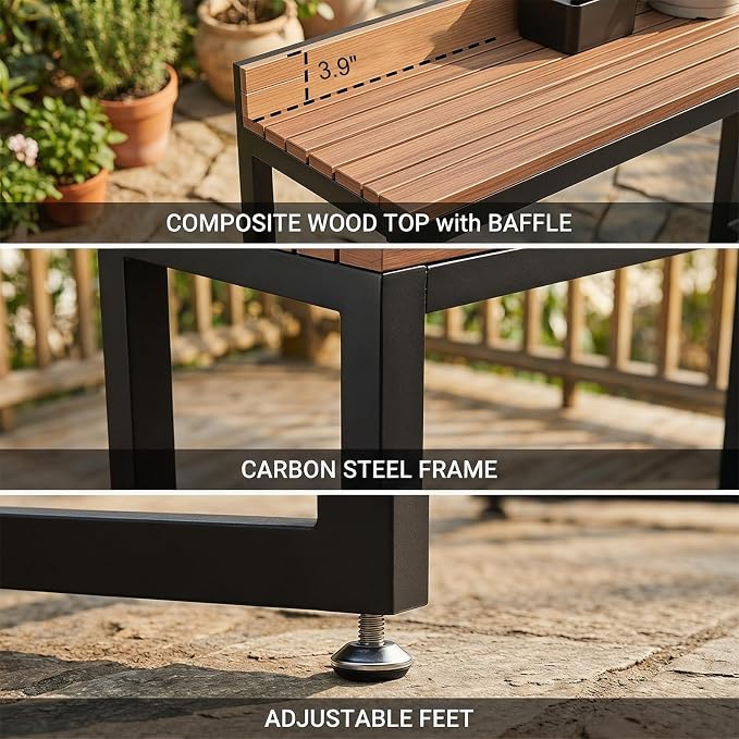 Outdoor Patio Bar Height Table with Baffle, Weather Resistant High Counter Table Porch Pub Tables Wood-Plastic Tabletop, for Poolside Garden Balcony Restaurant Cafe(Black,70.8"x15.7"x40.5")