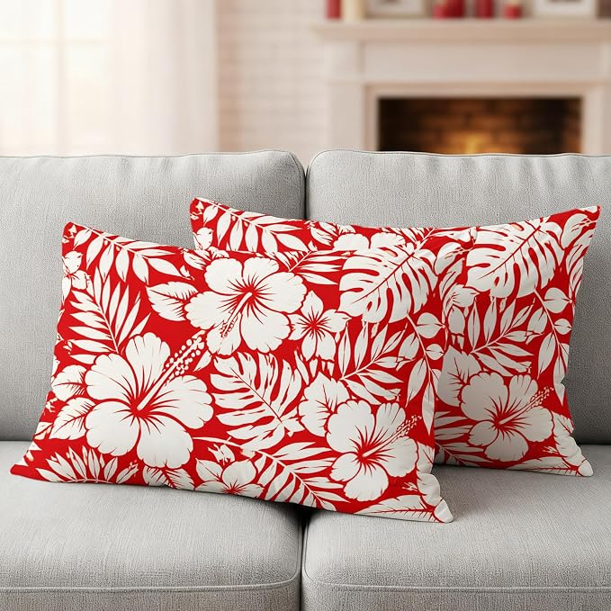 Red Hibiscus Flowers Waterproof Outdoor Pillow Covers Set of 2 Home Decor, Tropical Monstera Leaves Lumbar Pillowcase Patio Pillow Covers for Couch Bench Patio Furniture Garden 20x12in