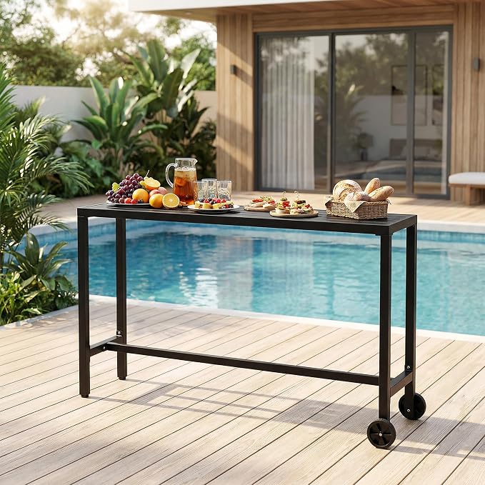 Outdoor Bar Table, 63" High Top Table with Wheel, Portable Bar Counter Height Table Weather Resistant Waterproof Top Outdoor Tables with Powder Coated Steel Framefor Tub,Garde,Poolside