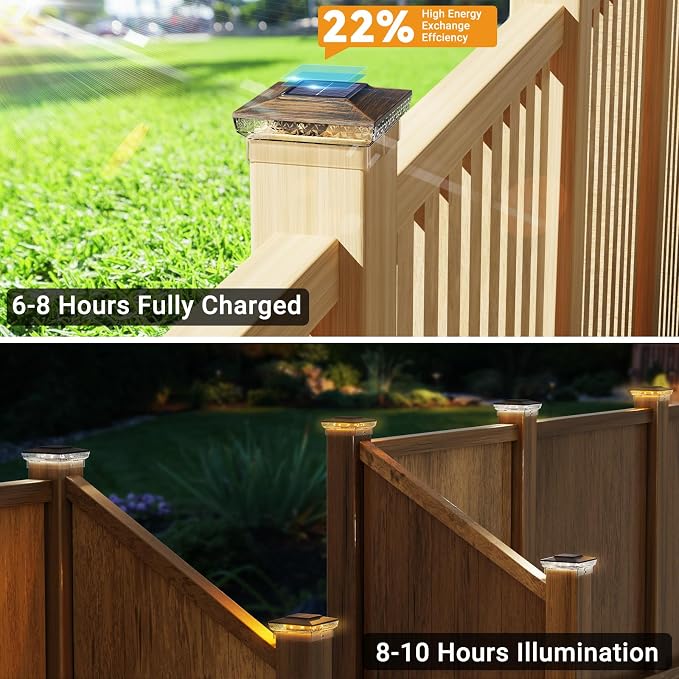btfarm 4x4 Solar Post Cap Lights Outdoor, 2 Modes 16 LED Fence Deck Post Lights, 6 Pack Waterproof Solar Powered Lighting Outside Fit 4x4 3.5x3.5 Wooden/Vinyl for Porch Patio Garden, Copper Cap