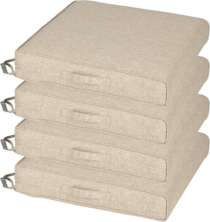 Aoodor Patio Chair Cushions Set of 4, 24 x 24 x 4 Inch Water Resistant Outdoor Seat Cushions with Handle and Ties, Square Corner Cushions for Patio Furniture Garden Lawn, Brown