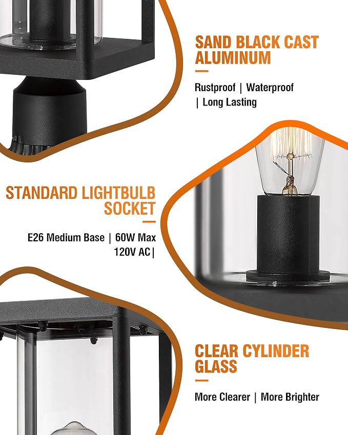 Beionxii Outdoor Post Lights, 20inch Large Modern Large Exterior Post Lantern Pillar Light with Pier Mount Base, Black Cast Aluminum w/Clear Cylinder Glass - A291P-1PK (NOT Solar, 110-120V AC)