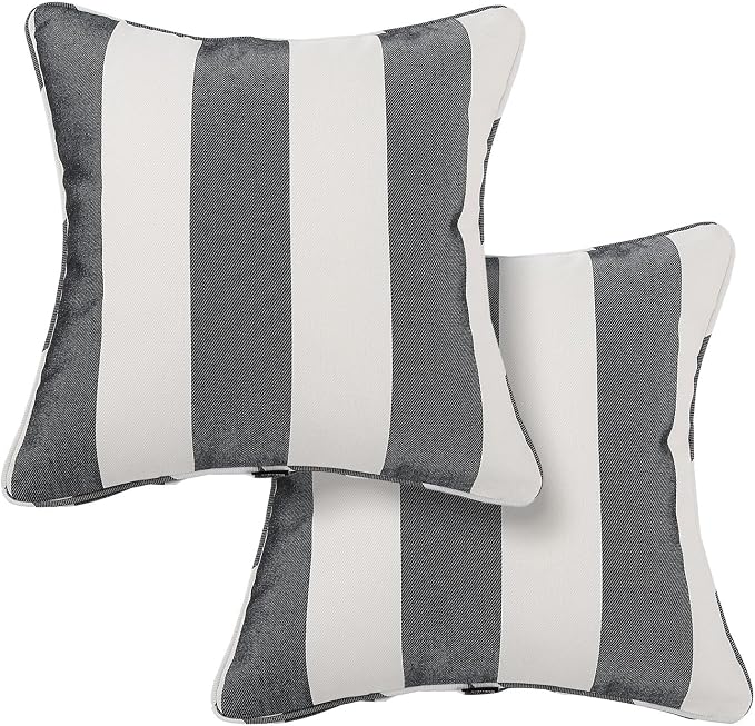 Outdoor Throw Pillow with Insert 18x18 Inch, Set of 2, Piping Edge Waterproof Fade Resistant Decorative Fluffy Pillows for Patio Furniture Chair Bench Couch Sofa - Black Ivory Striped