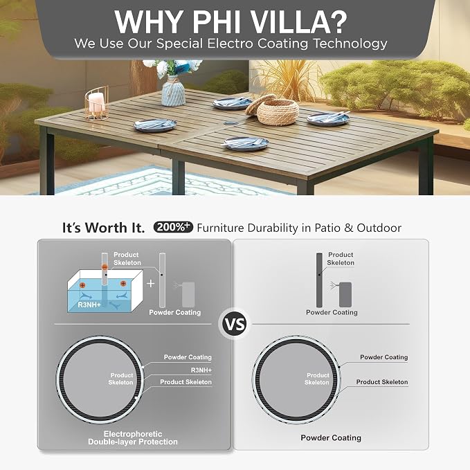 PHI VILLA 7 Piece Patio Dining Set, 64” Wood-Like Table, Rattan Chairs | Outdoor Dining Set for 6, Rectangular Table with Umbrella Hole, Wicker Chairs with Cushions for Patio, Deck, Porch