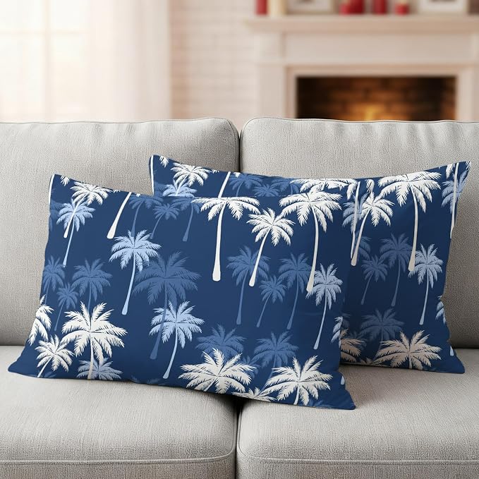 Lumbar Pillow Covers 20x12 Inch Set of 2, Tropical Palm Tree Waterproof Outdoor Pillow Covers, Navy Blue White Plants Coastal Leaf Decorative Cushion Pillowcases for Couch, Sofa, Bed, Garden, Patio