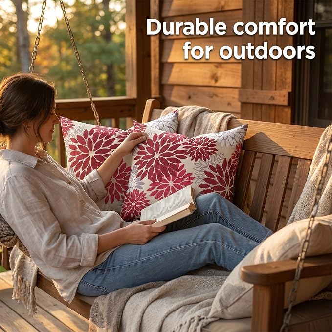 Set of 2 Dahlia Throw Pillow Covers Outdoor Pillows Waterproof 20x20 Inch Red and Pink Decorative Square Pillowcases With Invisible Zipper for Living Room Patio Garden FarmhouseTent Couch Bench