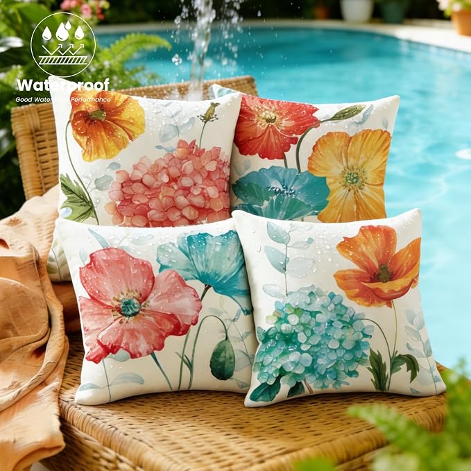 Floral Outdoor Lumbar Throw Pillow Covers Waterproof 12x20, Hydrangea Decor | Lotus Flower Decor, Waterproof, Hydrangea Pillow Covers, Set of 4, Outdoor Lumbar Pillows for Garden Porch Patio Furniture