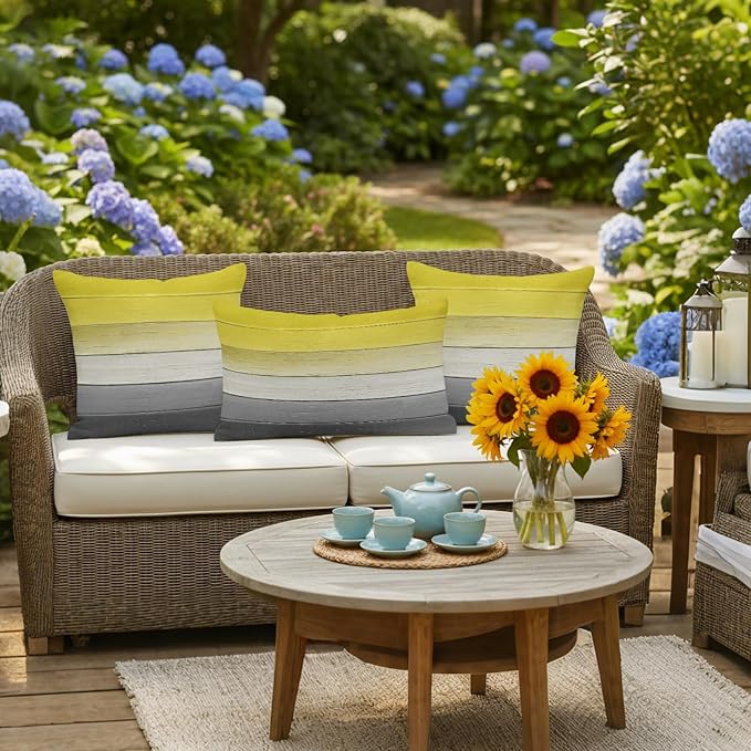Yellow Gray Outdoor Pillow Covers 24x24 Inch Throw Pillow Covers Set of 2 Waterproof Decorative Pillow Cases Country Vintage Abstract Gradient Wooden Cushion Covers for Patio Furniture Garden Couch