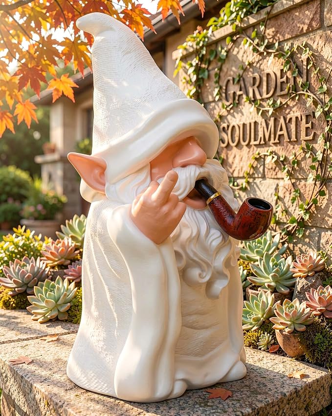 Leverse Smoking Wizard Dwarf Garden Gnome Statue with Middle Finger Decor, 5.9 Inch Funny Resin Outdoor Decoration for Patio, Lawn, Yard and Home, Great Gift for Easter, Halloween and Christmas