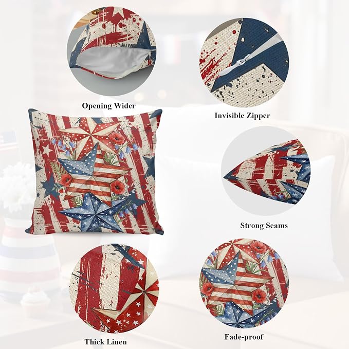 Independence Day Outdoor Pillow Covers 16"x16" Set of 2, Retro American Flag Star Red Flower Abstract Country Waterproof Throw Pillow Covers for Patio Furniture, Decorative Cushion Covers for Porch