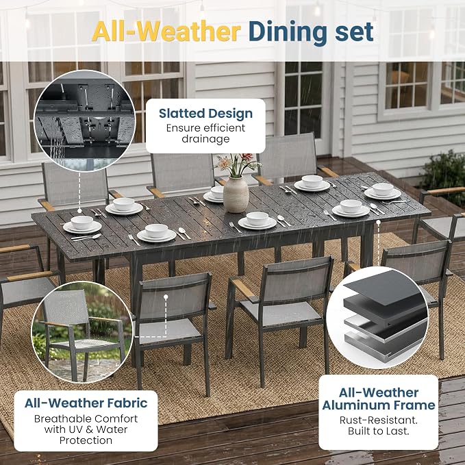 FansaFurn Patio Furniture Set with 92" Extendable Dining Table, Patio Table Set for 4–8 People, All-Weather Aluminum Outdoor Furniture, Outdoor Dining Set for Backyard, Porch, and Garde, Grey