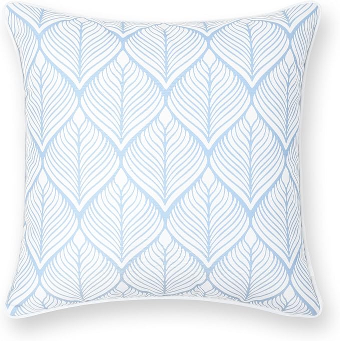 Hofdeco Premium Coastal Patio Indoor Outdoor Throw Pillow Cover Only, 20"x20" Water Repellent for Backyard, Couch, Baby Blue Print Geometric Leafs