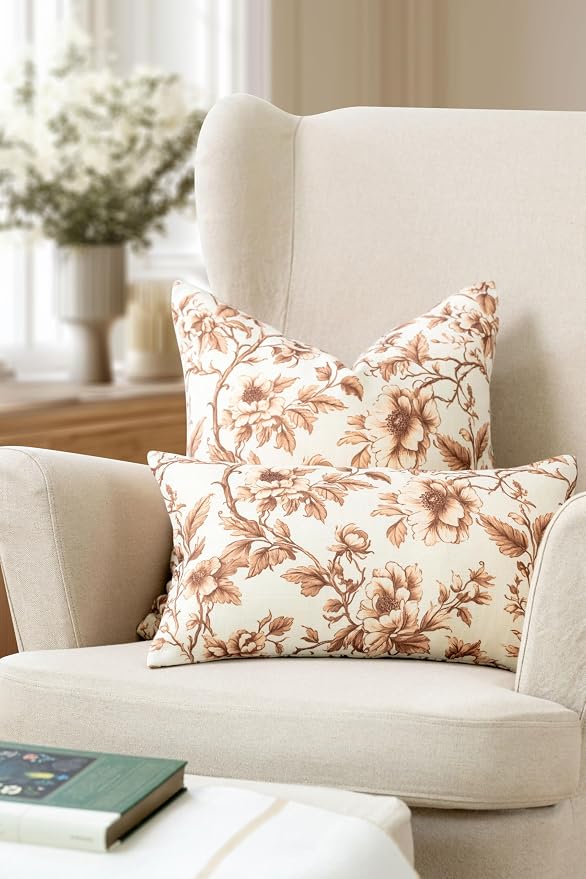 Modern Farmhouse California Casual Indoor Outdoor Throw Pillow Cover, 20"x20" Water Repellent for Patio, Backyard, Couch, Poolside, Cocoa Brown Print Vintage Chinoiserie Floral