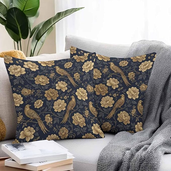 Vintage Gold Navy Blue Floral Outdoor Pillow Covers 18"x18" Set of 2, Bird Peony Flower Traditional Waterproof Throw Pillow Covers for Patio Furniture, Decorative Cushion Covers for Porch