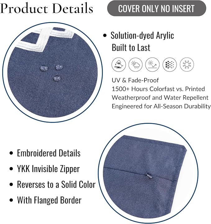 Hofdeco Premium Coastal Hampton Outdoor Performance Throw Pillow Cover Only, 20"x20" Water Repellent, UV and Fade Resistant for Backyard, Couch, Poolside, Indigo Blue Embroidered Frame Greek Key