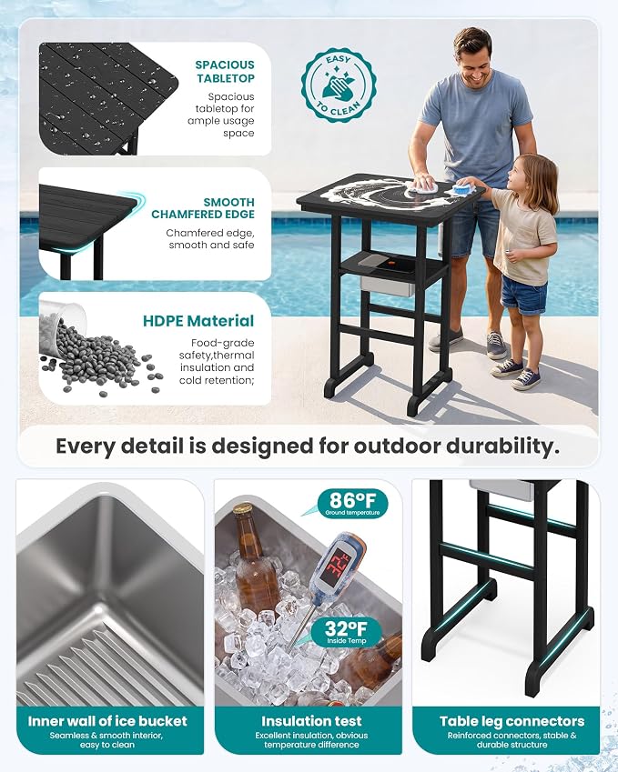SERWALL Adirondack Bar Chairs and Table 3 Pieces Set with Umbrella, HDPE Bar Height Chairs Set of 2 and Bar Table with Ice Bucket, Outdoor Bar Stools Set for Balcony, Poolside, Backyard, Black