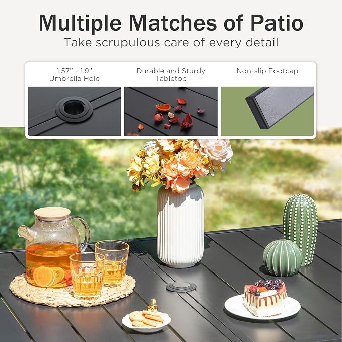 PHI VILLA 8 Pcs Outdoor Dining Set with 13ft Umbrella, Mesh Patio Chairs | 59'' rectangular metal table, 6 textilene chairs and 13ft orange red umbrella(NO BASE), all-weather for deck, garden, yard