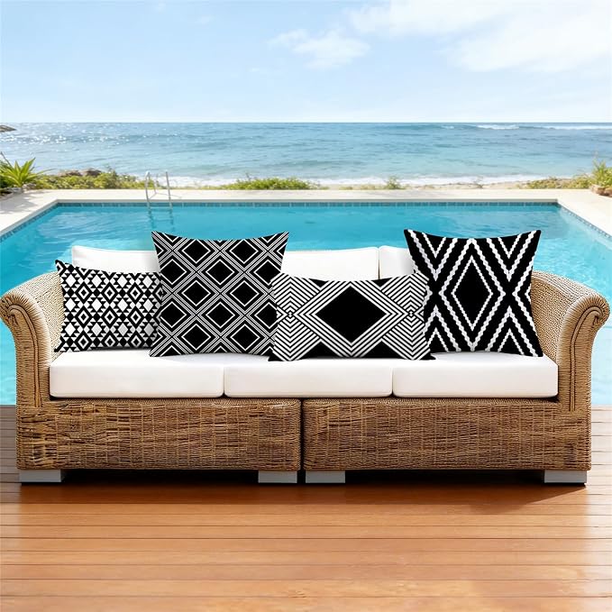 NIGHTWISH Outdoor Waterproof Pillow Covers 12x20 Set of 4 Black and White Modern Geometry Decorative Outdoor Throw Pillows Boho Cushion Cases for Patio Furniture Bench Couch Sunbrella