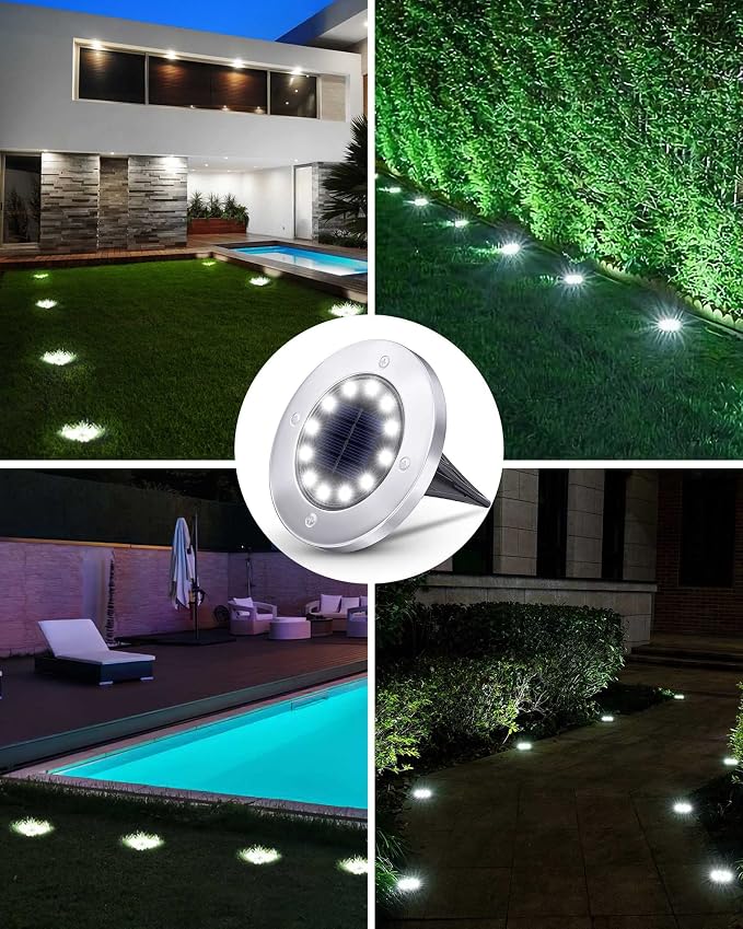 Biling Solar Ground Lights Outdoor Bright Waterproof 8 Pack White | Flat 12 LEDs Solar Outdoor Lights Longevity, Easy To Assemble and Use, for Yard Walkway Garden Driveway