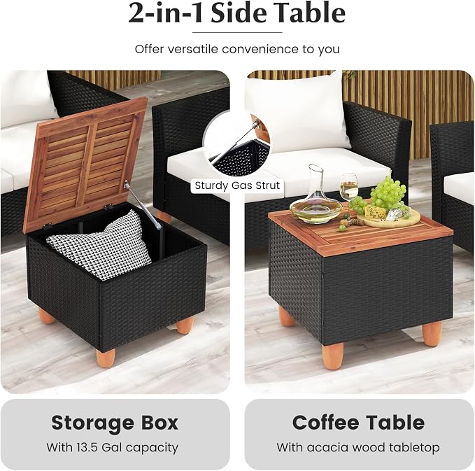 Tangkula 4 Piece Outdoor Conversation Set, Patio Cushioned Chairs w/Storage Coffee Table, Acacia Wood Tabletop & Chair Legs, Patio Wicker Furniture Set for Poolside, Lawn, Porch (1, Off White)