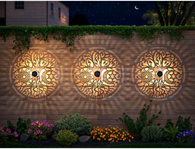 4 Pack Large Solar Fence Lights Metal Solar Powered Outdoor Wall Deck Step Lights Tree Theme Waterproof Fence Light for Garden Post Patio Backyard Yard Decor, Gardening Gifts for Women Mom Grandma
