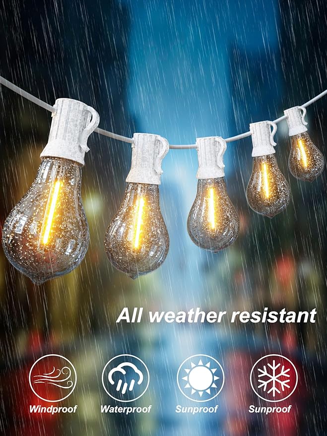 Outdoor String Patio Lights White 200FT Waterproof Lights for Wedding Party | 2FT Bulbs Spacing, 2x100FT Connectable White Outdoor Lighting with 105 Plastic Dimmable LED Bulbs for Backyard Bistro Balcony