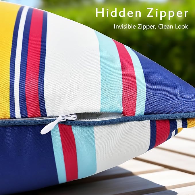 Waterproof Outdoor Pillow Covers 18x18 Inch Set of 2, Colorful Stripe Decorative Throw Pillow Cover with Piping, Modern Farmhouse Cushion Cases for Summer Patio Garden Porch Balcony Beach