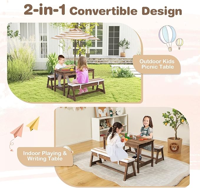 HONEY JOY Kids Picnic Table, Outdoor Wooden Table & Bench Set w/Removable Cushions and Umbrella, Stripe Fabric, Children Backyard Furniture for Patio Garden, Gift for Toddler Boys Girls Age 3+(Coffee)