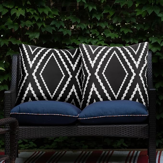 Adabana Outdoor Waterproof Pillow Covers 18x18 Black | Geometric Decorative Throw Pillow Covers Set of 2 for Patio, Garden, Porch, Farmhouse