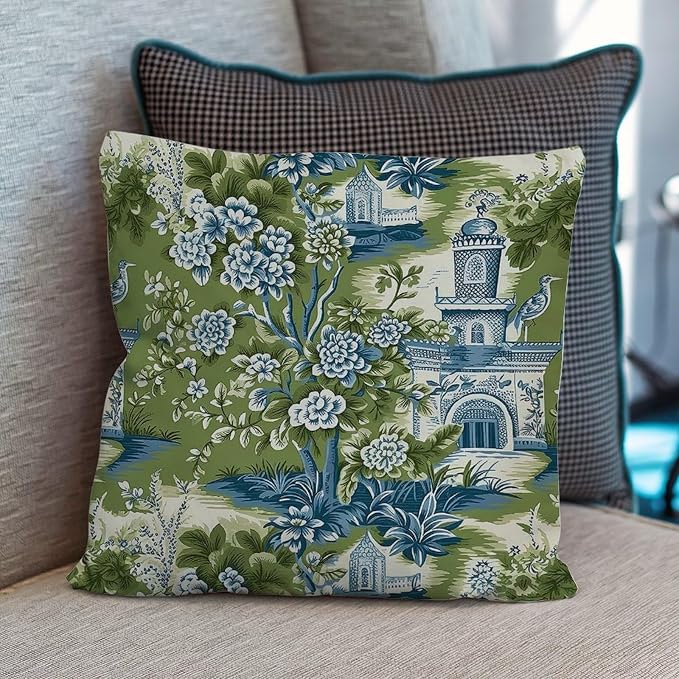 Pagoda Garden Imperial Green Chinoiserie Outdoor Throw Pillow Covers Asian Peacock Floral Waterproof Throw Pillowcase 24x24 in Rustic Accent Throw Pillow Covers for Patio Furniture Tent Garden
