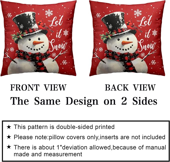 Red Christmas Pillow Covers Snowman Throw Pillow Covers Xmas Tree Pillow Case 22x22 Winter Snowflakes Cotton Blend Cushion Case for Holiday Decor Couch Sofa 2 Pack