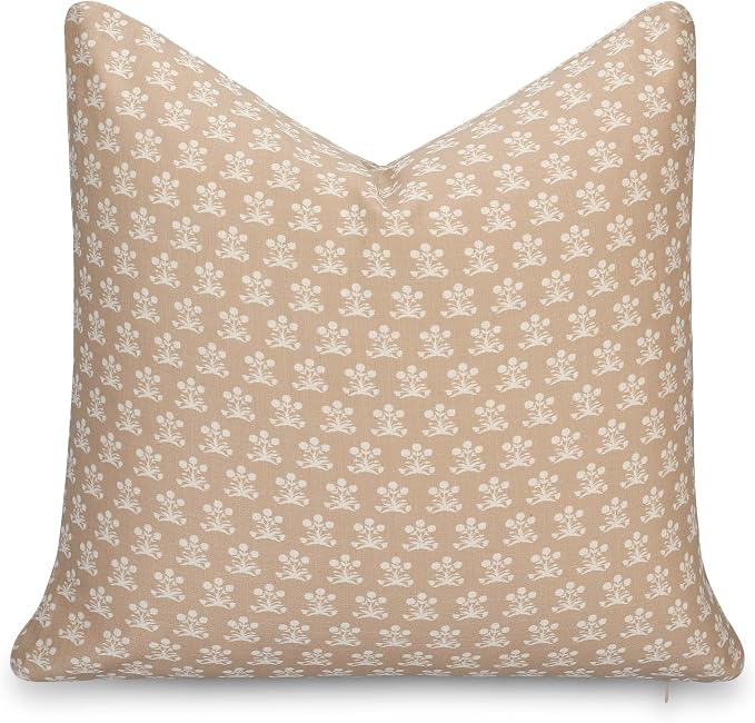 Crumbs Home Modern Farmhouse California Casual Indoor Outdoor Throw Pillow Cover, 22"x22" Water Repellent for Patio, Backyard, Couch, Poolside, Earth Tone Ivory Cream Tan Block Print Floral