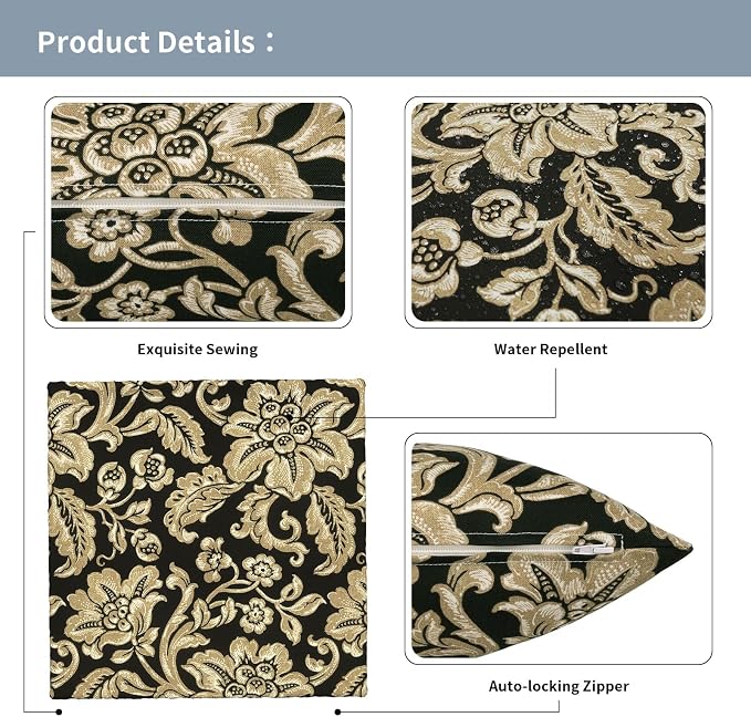 Outdoor Pillow Covers 16x16 Inch Set of 2 Waterproof Decorative Throw Pillow Covers Patio Pillow Cases for Patio Furniture Garden Couch Farmhouse,Jacobean Black