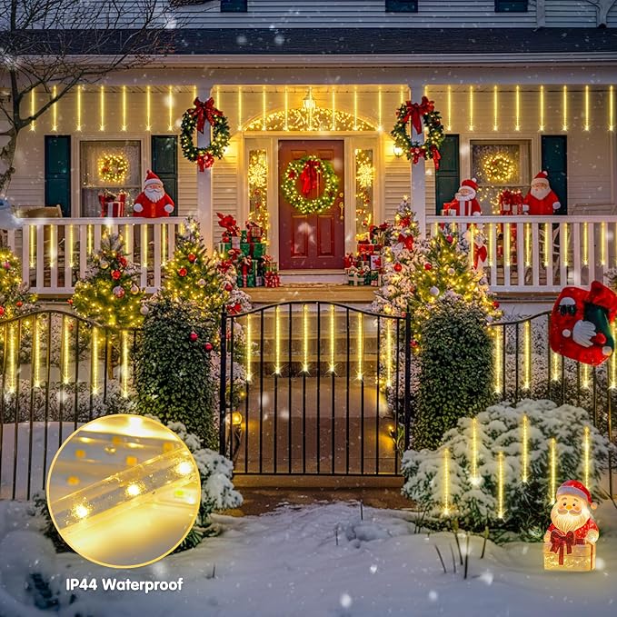 JMEXSUSS Solar Meteor Shower Lights Outdoor, 8 Tube 144 LEDs | Warm White Solar Christmas Lights for Tree Eave Xmas Holiday Party Patio House Wedding Decor