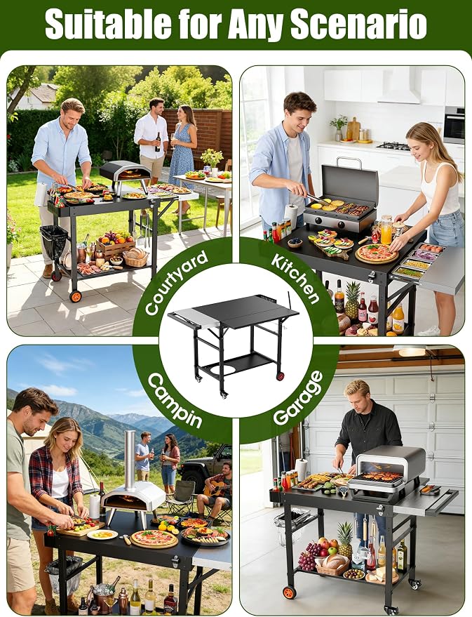 Outdoor Pizza Oven Table, Movable Grill Side Table, Expansive Countertop Pizzas Oven Accessories, Pizzas Stands for Party with Wheels, Fits Ooni Blackstone Ninja Cuisinart Gozney