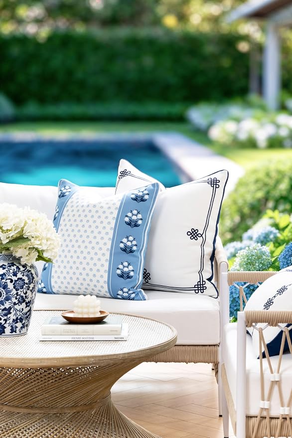 Hofdeco Premium Coastal Hampton Patio Indoor Outdoor Throw Pillow Cover Only, 20"x20" Water Repellent for Backyard, Couch, Poolside, Azure Blue Print Block Print Striped Lily of the Valley