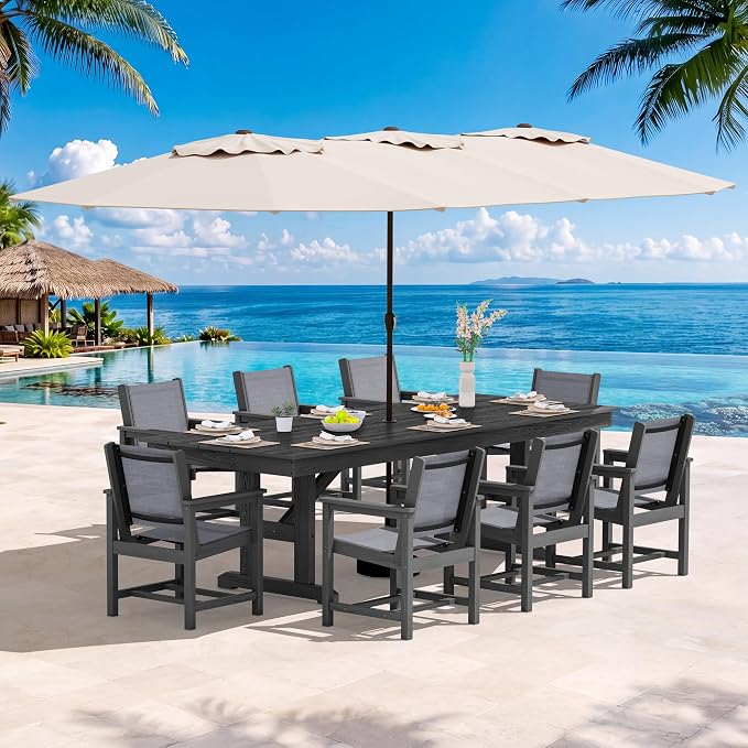 SERWALL 10 Piece Outdoor Dining Set with 15ft Triple-Head Foldable Umbrella(Based not Included), 84" HDPE Outdoor Large Table and Textilene Sling Chairs for 8, Black