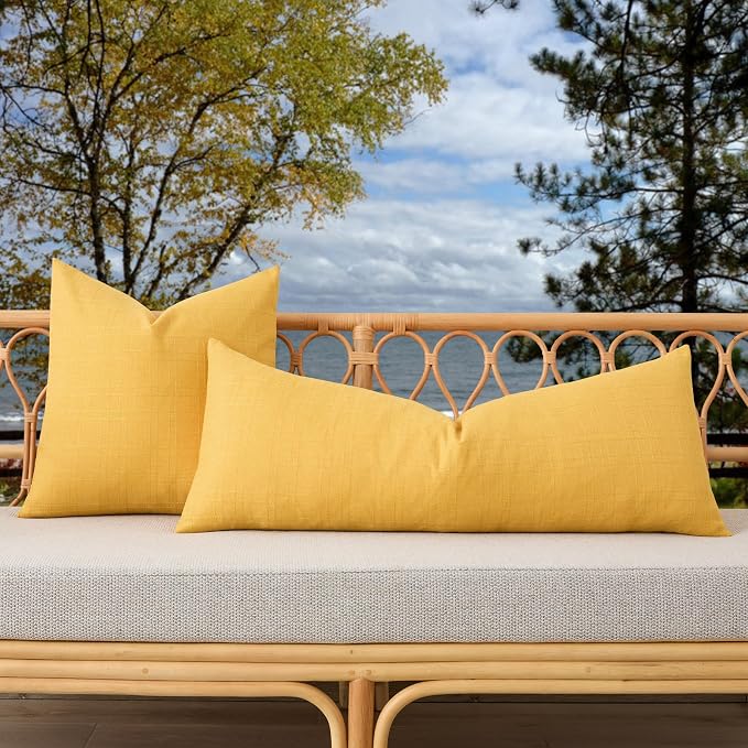 Kevin Textile Outdoor Waterproof 14”x36” Pillow Cover 1 Pack, Yellow | Water Resistant, Soft Faux Linen-cotton Yarn-dyed Woven Texture Throw Pillow Covers for Tent Patio Garden Couch Sofa