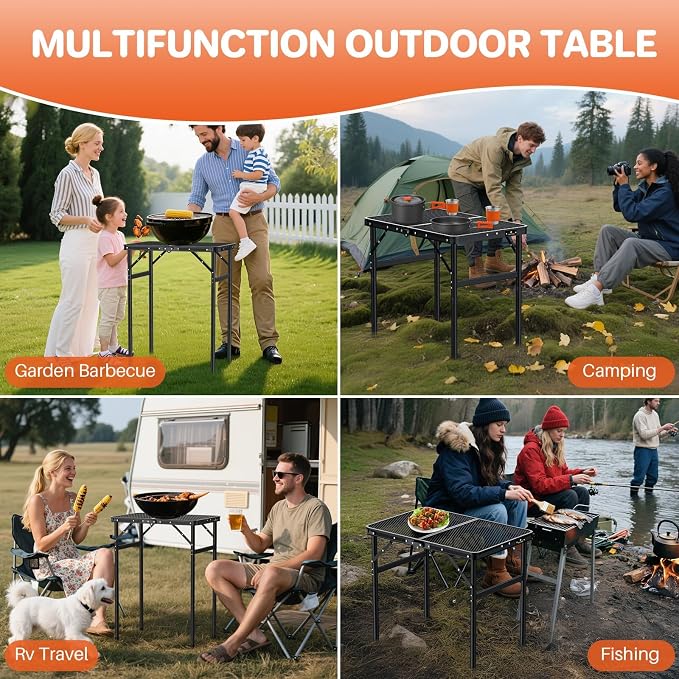 FUNYKICH Folding Grill Table for Outside(23''x16''), Max Height 29.4'' Portable Camping Tables(3 Adjustable Height), Lightweight Aluminum BBQ Table with Portable Handle for Camping, Picnic, BBQ, Black